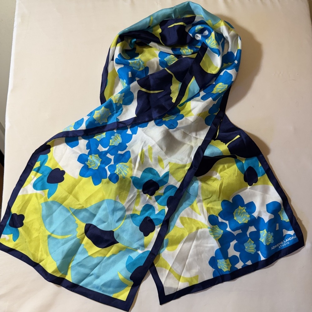 Adrienne Landau Silk Neck Hair Purse Scarf Blue Yellow Floral 11"x54" Rectangle